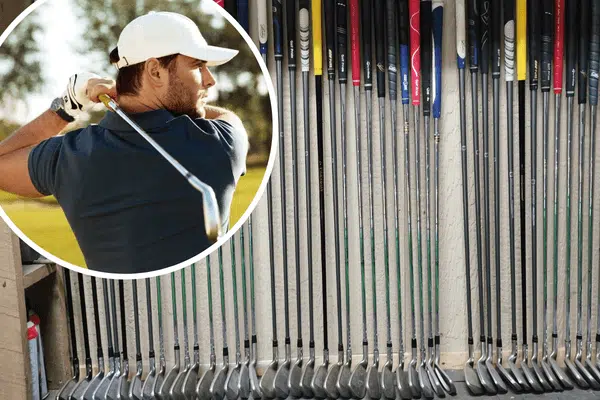 Golfer in front of different size club shafts